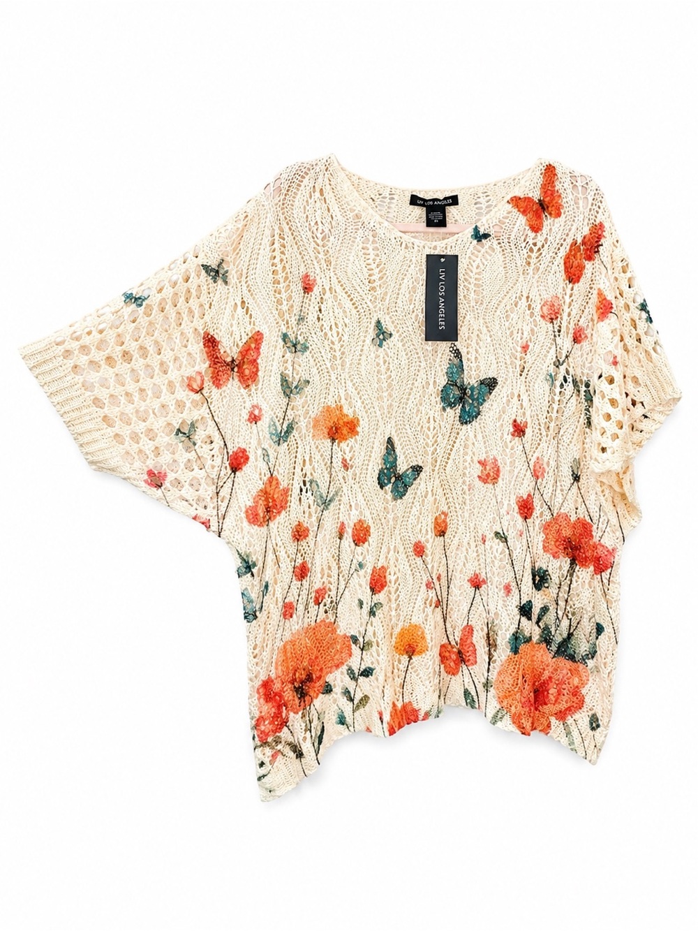 Boho Crochet Floral & Butterfly Open Knit Sweater Top Naturecore Fairy Indie - Picture 4 of 6
